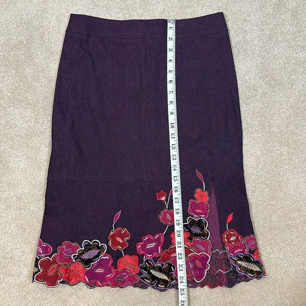 Nanette Lepore Knee Length Purple Embroidered Slit Flower Skirt Women Size 4